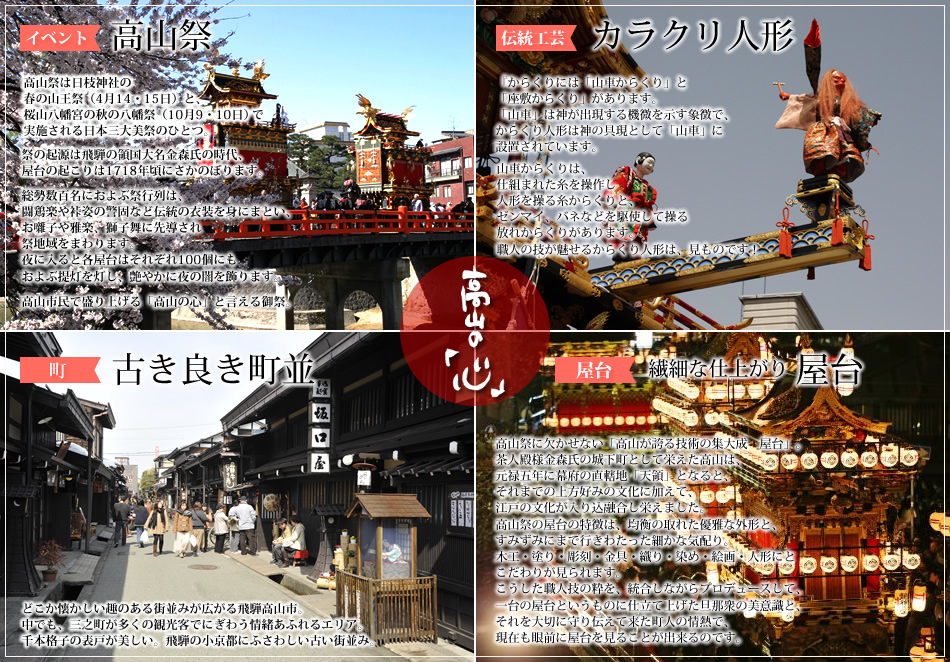 高山の「心」
イベント　高山祭
高山祭は日枝神社の春の山王祭（4月14・15日）と、桜山八幡宮の秋の八幡祭（10月9・10日）で実施される日本三大美祭のひとつ。
祭の起源は飛騨の領国大名金森氏の時代、屋台の起こりは1718年頃にさかのぼります。
総勢数百名におよぶ祭行列は、闘鶏楽や裃姿の警固など伝統の衣装を身にまとい、お囃子や雅楽、獅子舞に先導され祭地域をまわります。
夜に入ると各屋台はそれぞれ100個にもおよぶ提灯を灯し、艶やかに夜の闇を飾ります。
高山市民で盛り上げる「高山の心」と言える御祭。

伝統工芸　カラクリ人形
『からくりには「山車からくり」と「座敷からくり」があります。「山車」は神が出現する機微を示す象徴で、からくり人形は神の具現として「山車」に設置されています。
山車からくりは、仕組まれた糸を操作し人形を操る糸からくりと、ゼンマイ、バネなどを駆使して操る放れからくりがあります。
職人の技が魅せるからくり人形は、見ものです！

町　古き良き町並
どこか懐かしい趣のある街並みが広がる飛騨高山市。
中でも、三之町が多くの観光客でにぎわう情緒あふれるエリア。
千本格子の表戸が美しい。飛騨の小京都にふさわしい古い街並み。

屋台　繊細な仕上がり　屋台
高山祭に欠かせない「高山が誇る技術の集大成　屋台」。
茶人殿様金森氏の城下町として栄えた高山は、元禄五年に幕府の直轄地「天領」となると、それまでの上方好みの文化に加えて、江戸の文化が入り込融合し栄えました。
高山祭の屋台の特徴は、均衡の取れた優雅な外形と、すみずみにまで行きわたった細かな気配り。
木工・塗り・彫刻・金具・織り・染め・絵画・人形にとこだわりが見られます。
こうした職人技の粋を、統合しながらプロデュースして、一台の屋台というものに仕立て上げた旦那衆の美意識と、それを大切に守り伝えて来た町人の情熱で、現在も眼前に屋台を見ることが出来るのです。

